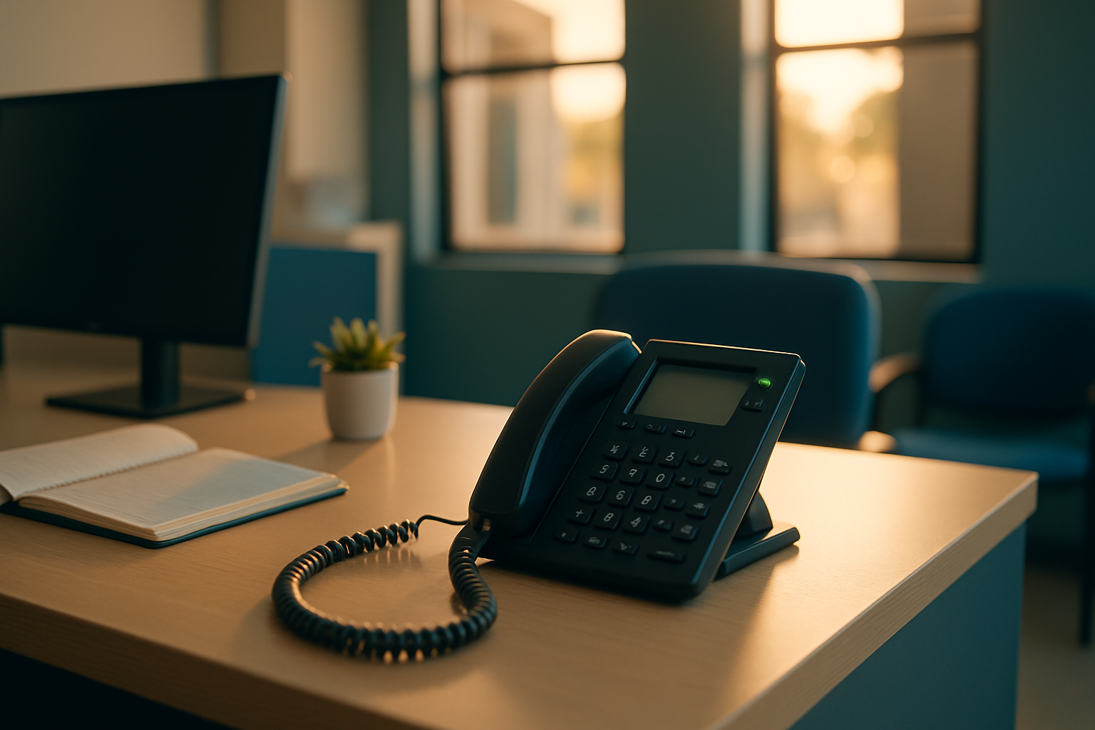 Professional office phone ringing unanswered on an empty reception desk