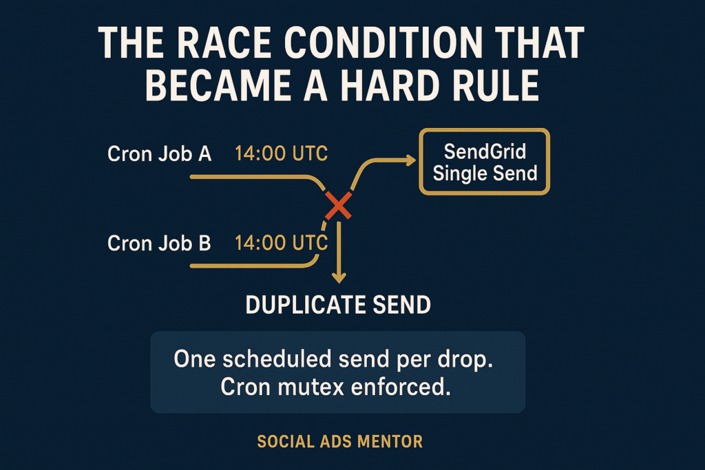 Race condition diagram showing two cron jobs firing the same SendGrid email send at 14:00 UTC