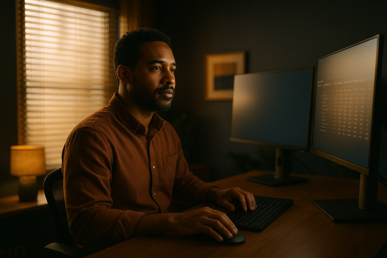 Sam Bell at his home office desk defining the role for his AI agent, Social Ads Mentor branding
