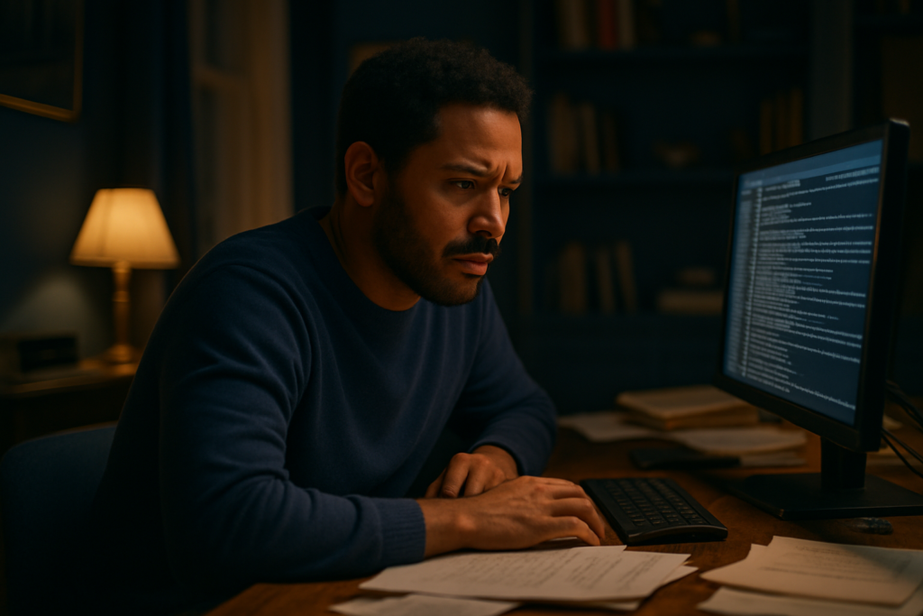 Sam Bell reviewing a failure log of his AI ops stack at his desk, Social Ads Mentor branding