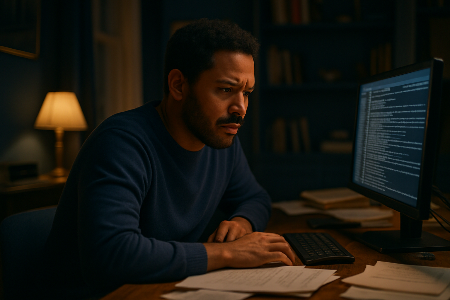 Sam Bell reviewing a failure log of his AI ops stack at his desk, Social Ads Mentor branding