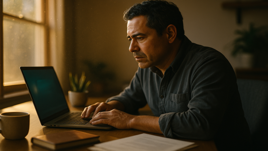 A coffee mug, laptop, and split-screen of a CRM showing PAID vs a money dashboard showing $0