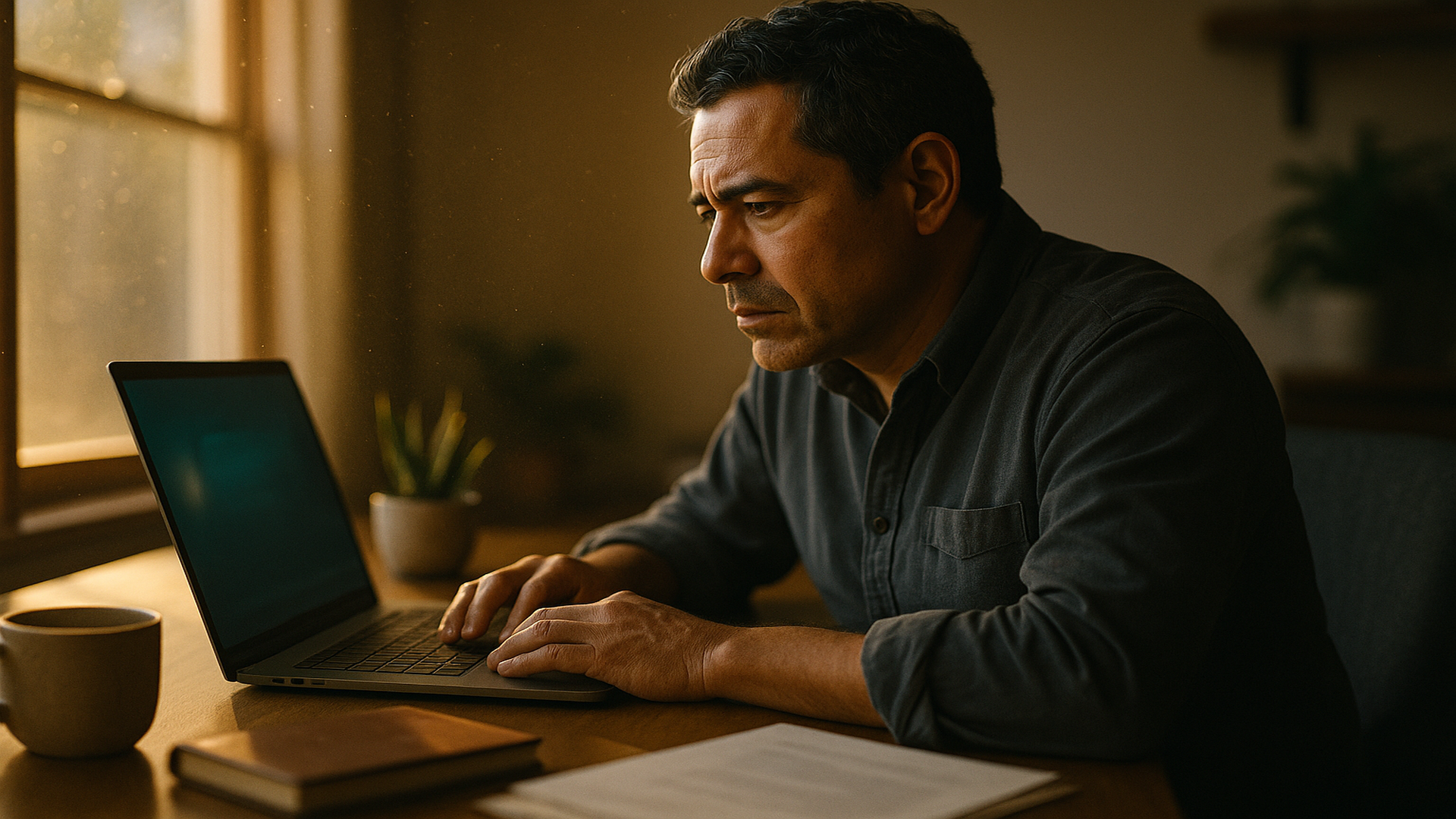 A coffee mug, laptop, and split-screen of a CRM showing PAID vs a money dashboard showing $0
